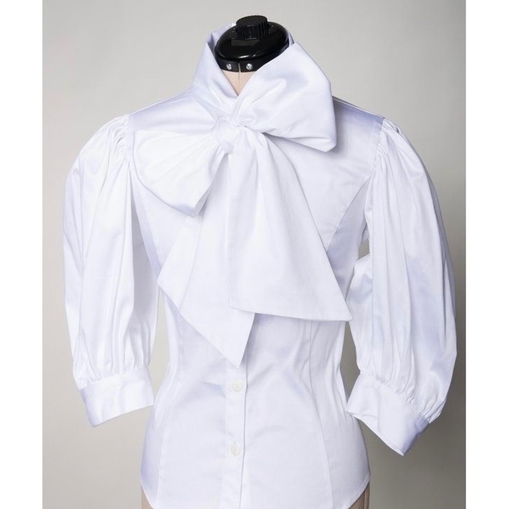 (S2) Tawni Haynes White Bow Neck Blouse Puff Sleeve Button Up Plus 2X 22-24 NWT